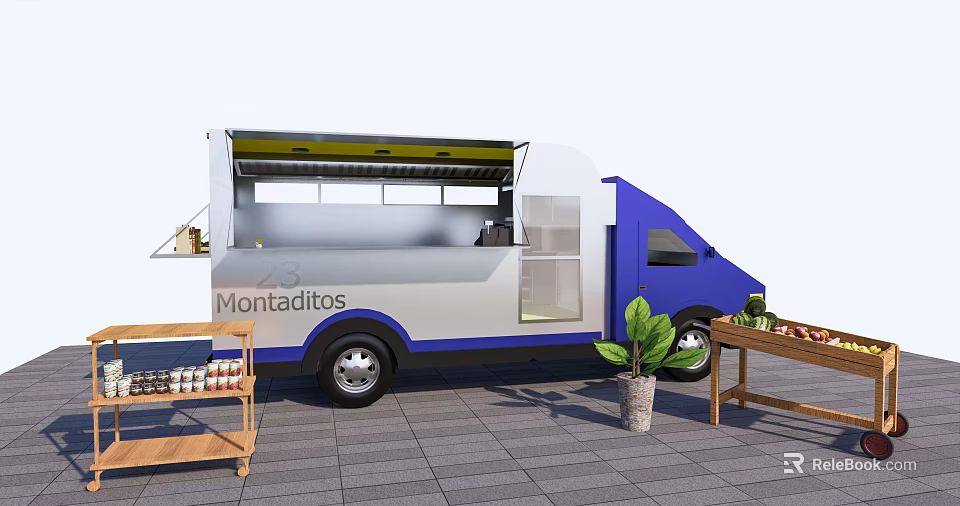 Montaditos Food Truck Blue White Design Open Service Window Side Shelf Potted Plant Fruit 3d model 
