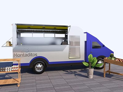 Montaditos Food Truck Blue White Design Open Service Window Side Shelf Potted Plant Fruit 3d model