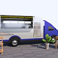 Montaditos Food Truck Blue White Design Open Service Window Side Shelf Potted Plant Fruit