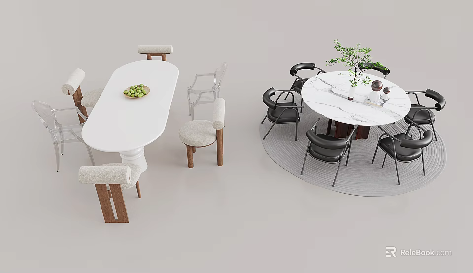 Modern Dining Table Sets Featuring Oval White And Round Marble Tables With Chairs 3d model