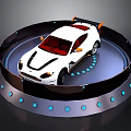 White Sports Car On Circular Display Platform With Blue Lights