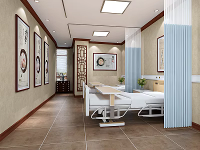 Hospital Outpatient Clinic Corridor With Hanging Paintings Light Walls Beds Green Plants And Chinese Carvings 3d model