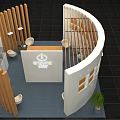 Modern Exhibition Booth With Curved Wooden Partitions Wacom Logo And Reception Counter