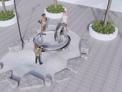 People Gathered Around Circular Metal Structure With Potted Plants And Stones 3d model