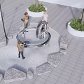People Gathered Around Circular Metal Structure With Potted Plants And Stones