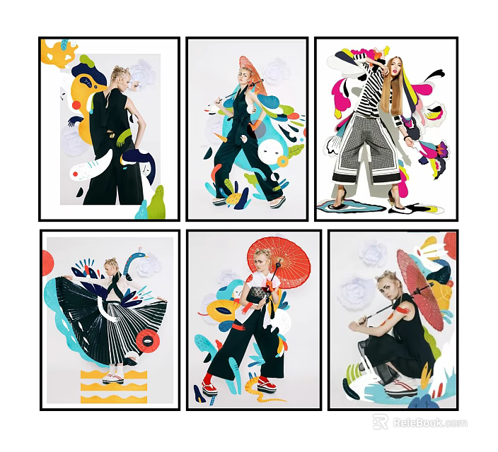 Multiple Character Paintings Featuring Colorful Abstract Elements Varied Poses And Stylish Outfits 3d model 