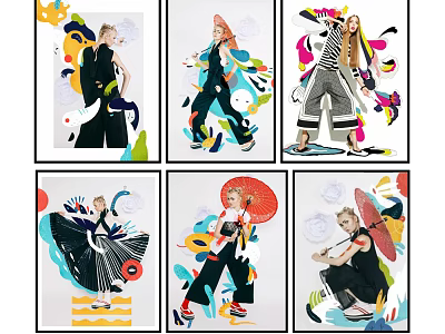 Multiple Character Paintings Featuring Colorful Abstract Elements Varied Poses And Stylish Outfits 3d model