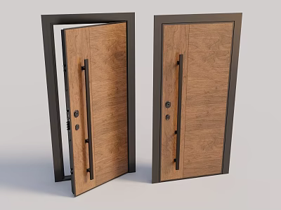 Wooden Swing Door With Metal Frame Handle And Modern Wood Grain Design 3d model
