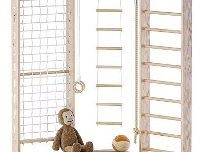 Monkey Doll In Kids Play Area With Climbing Net Rings And Ball 3d model