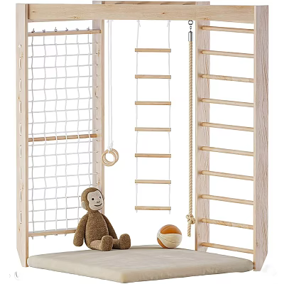 Monkey Doll In Kids Play Area With Climbing Net Rings And Ball 3d model