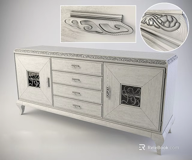 Ornate Wooden Entryway Cabinet Sideboard With Carved Patterns Drawers And Decorative Doors 3d model 