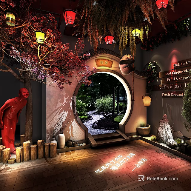Traditional Bar Space Featuring Round Archway Lantern Lights Red Sculpture And Garden View 3d model 