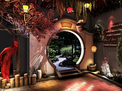 Traditional Bar Space Featuring Round Archway Lantern Lights Red Sculpture And Garden View 3d model