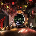 Traditional Bar Space Featuring Round Archway Lantern Lights Red Sculpture And Garden View