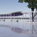 White Pergola Adorned with Purple Flowers and Tree Reflected on Water 3d model