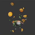 Orange Slices Splashing Juice With Open Drink Can Ice Cubes Mint Leaves On Black Background