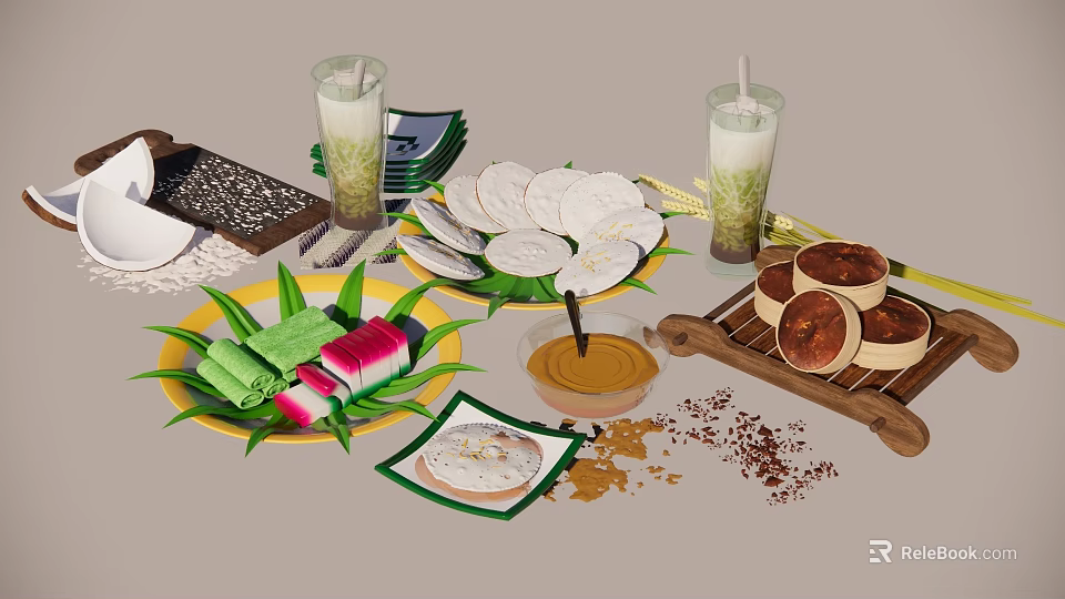 Traditional Asian Food Platter With Leaf Wrapped Parcels Pancakes Beverages And Steamed Pastries 3d model 