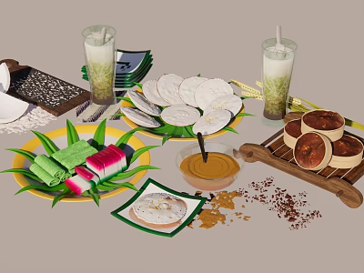 Traditional Asian Food Platter With Leaf Wrapped Parcels Pancakes Beverages And Steamed Pastries 3d model