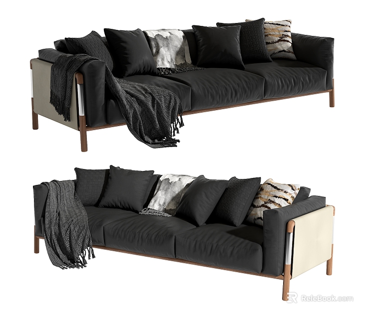 Cozy Black Three-seater Sofa With Light-colored Armrests Cushions Gray Blanket And Wooden Legs 3d model 
