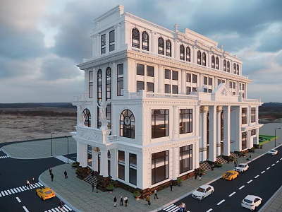 Grand Multi Storey White Classical Commercial Complex With Arched Windows And Street Traffic 3d model