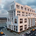 Grand Multi Storey White Classical Commercial Complex With Arched Windows And Street Traffic