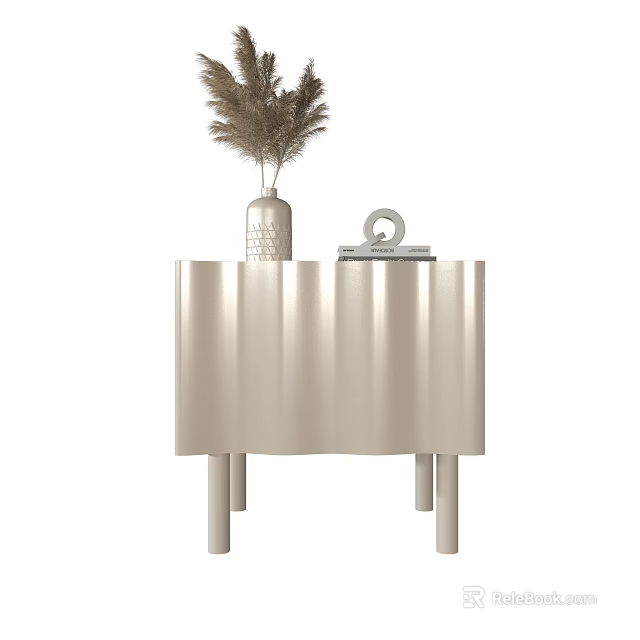 Modern Bedside Table with Pampas Grass Vase and Decorative Books 3d model 