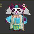 Panda Character In Traditional Blue Costume With Red Horned Hat And Spear Weapon
