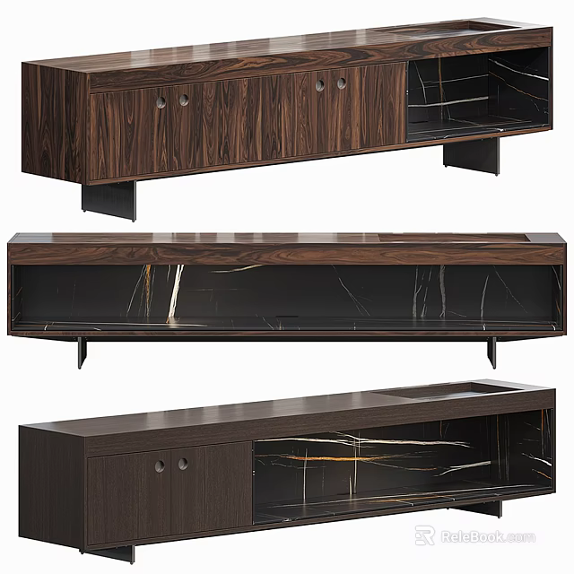 Modern Wooden TV Stand With Marble Top Drawers And Metal Legs 3d model 