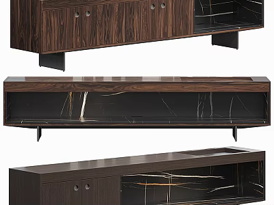 Modern Wooden TV Stand With Marble Top Drawers And Metal Legs 3d model
