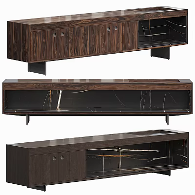 Modern Wooden TV Stand With Marble Top Drawers And Metal Legs 3d model