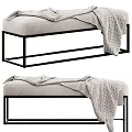 Modern Beige Upholstered Sofa Bench With Black Metal Frame And Throw Blanket
