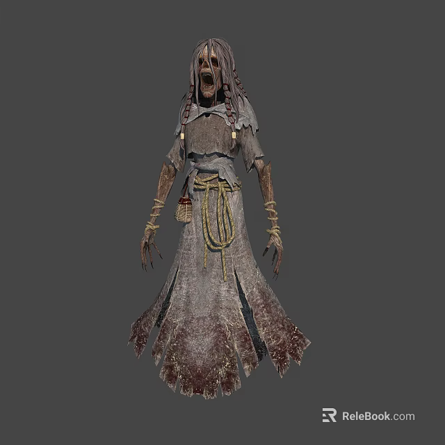 Eerie Horror Character In Tattered Bloodstained Robe With Screaming Mouth And Bandaged Hands 3d model 