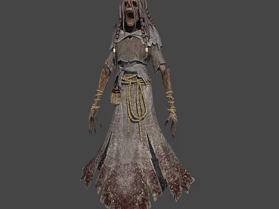 Eerie Horror Character In Tattered Bloodstained Robe With Screaming Mouth And Bandaged Hands 3d model