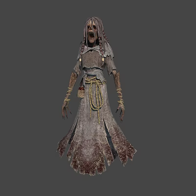Eerie Horror Character In Tattered Bloodstained Robe With Screaming Mouth And Bandaged Hands 3d model