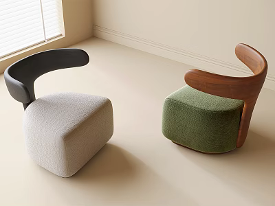 Two Modern Sofa Stools With Gray And Green Upholstery And Curved Wooden Arms 3d model