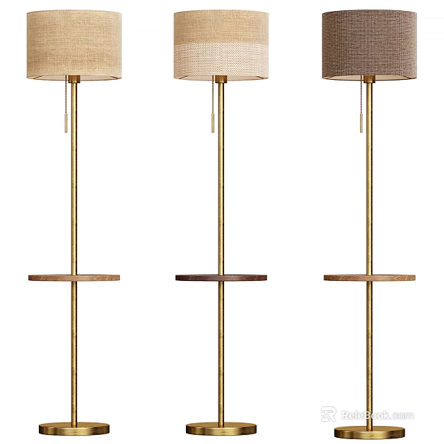 Modern Stylish Floor Lamp With Brass Pole Linen Shade And Wooden Tray 3d model 