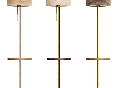 Modern Stylish Floor Lamp With Brass Pole Linen Shade And Wooden Tray 3d model