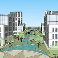 Modern Office Buildings Complex With Green Spaces Water Features And Plaza Design