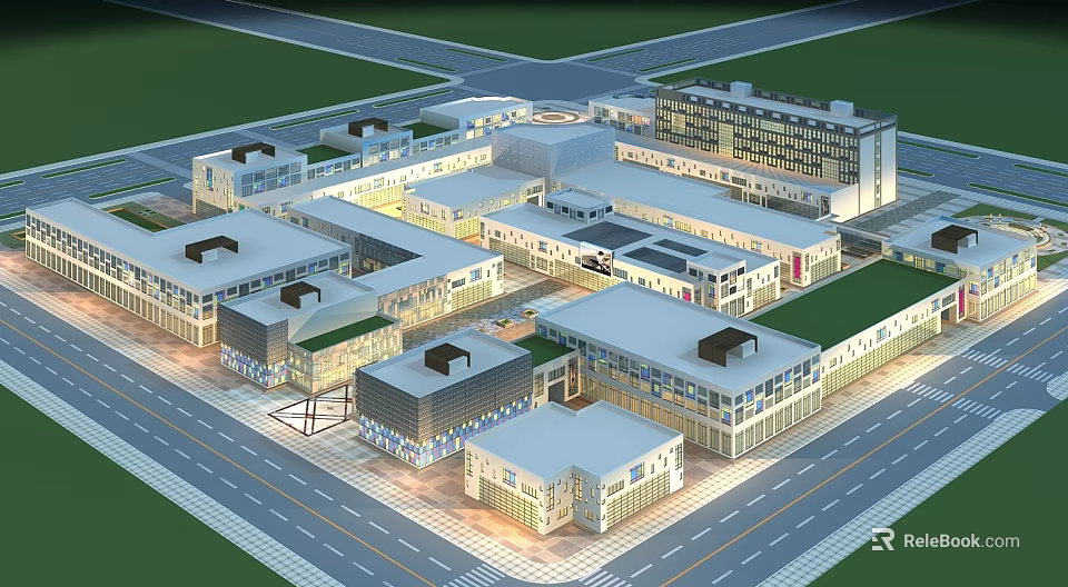 Urban Commercial Street With Modern Buildings Open Layout And Illuminated Design 3d model 