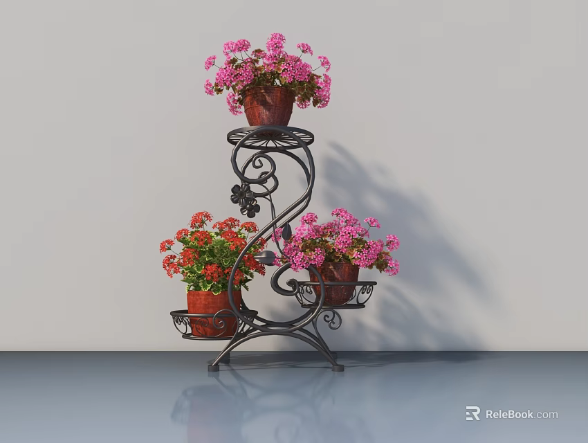 Decorative Multi Tiered Metal Plant Stand With Pink And Red Potted Flowers 3d model 