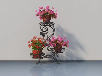 Decorative Multi Tiered Metal Plant Stand With Pink And Red Potted Flowers 3d model