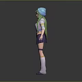 Game Movie Character With Green Hair Blue Headband Purple Skirt White Long Socks And Blue Top
