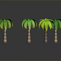 Four Palm Trees With Green Leaves And Brown Trunks On Gray Background With Reflections