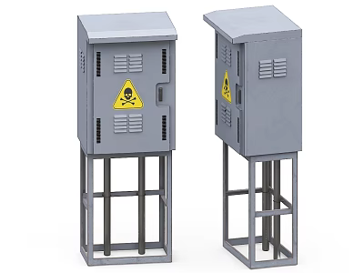 Industrial Safety Equipment With Grey Cabinets Stands And Hazard Symbols 3d model