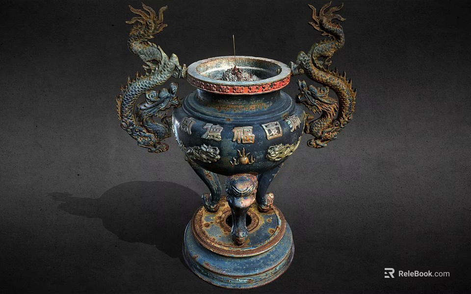 Classical Ceramic Vessel With Dragon Motifs Blue And Gold Three Legged Base 3d model 