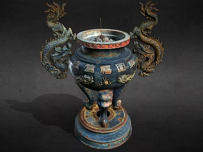 Classical Ceramic Vessel With Dragon Motifs Blue And Gold Three Legged Base 3d model