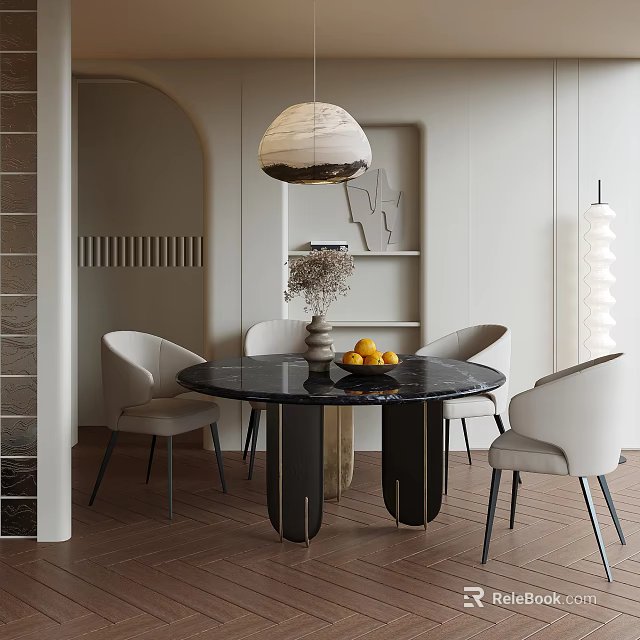 Modern Luxury Round Dining Table Set With White Chairs Marble Top And Black Legs 3d model 