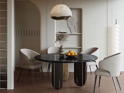 Modern Luxury Round Dining Table Set With White Chairs Marble Top And Black Legs 3d model