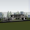 Modern Detached Villa Waterfront Sunset Reflection Glass Facade Trees And Evening Lighting