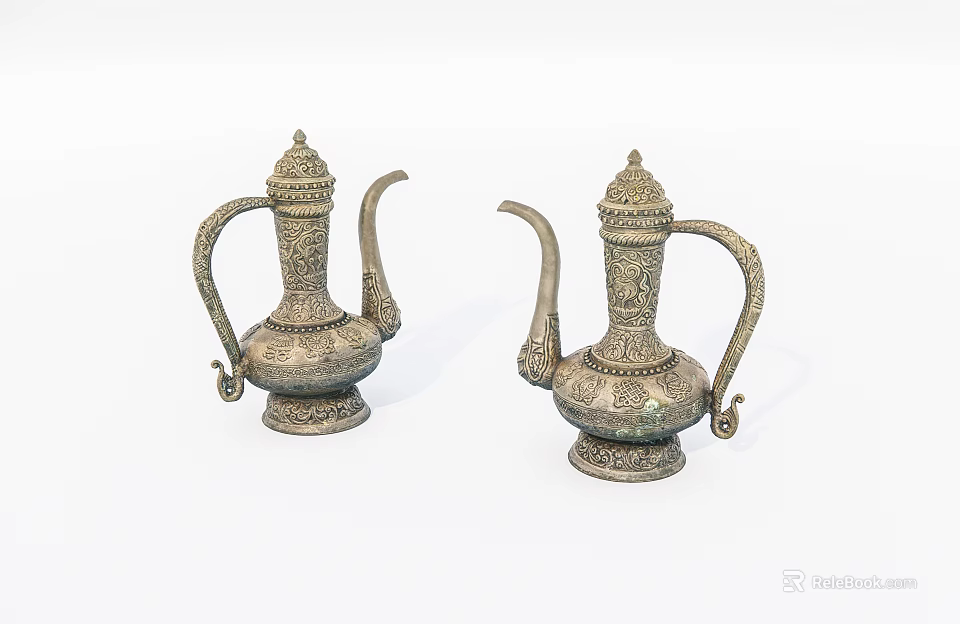 Vintage Bronze Decorative Ornament Set With Intricate Carvings And Traditional Teapot Design 3d model 